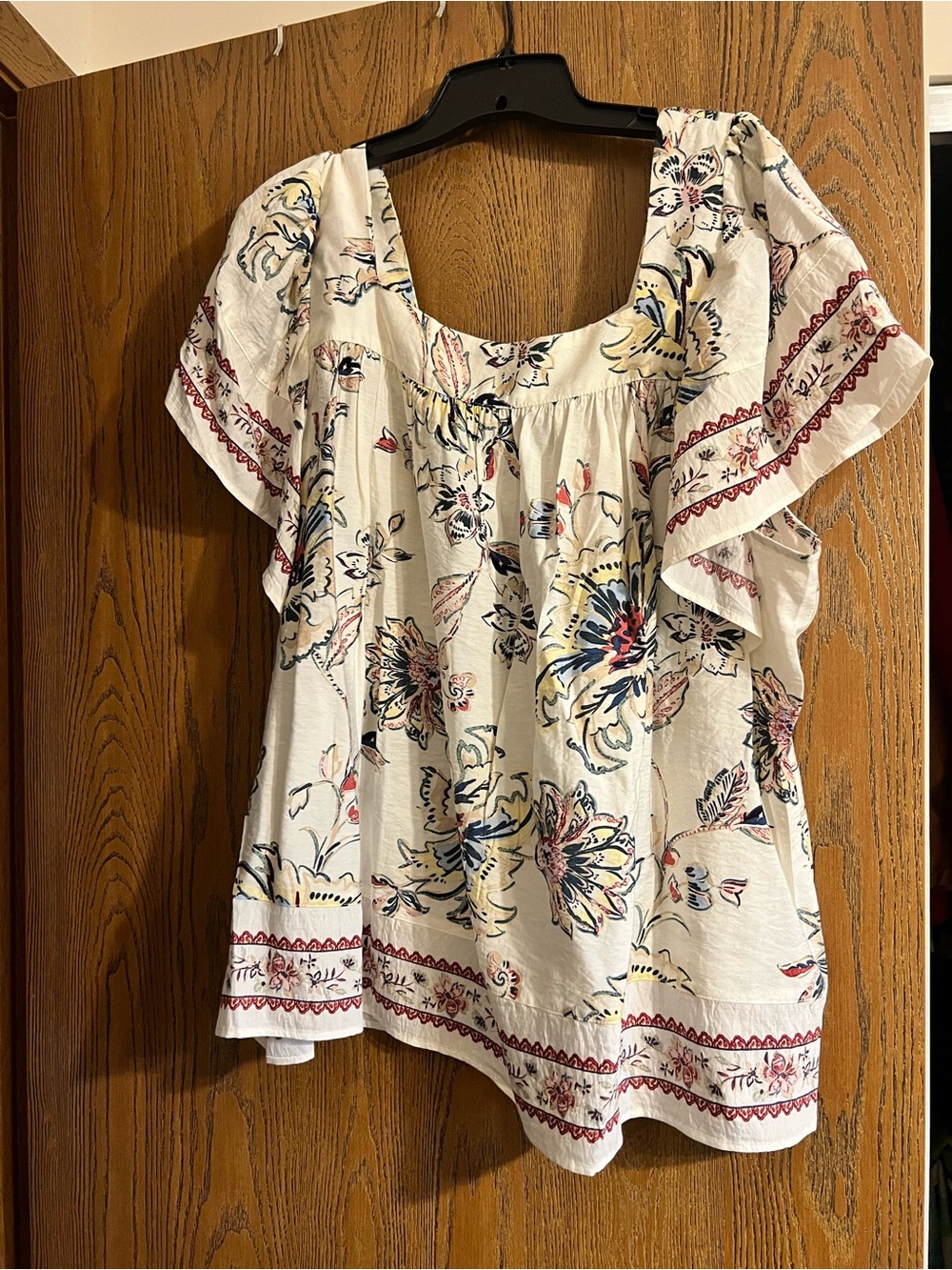 Lane Bryant Cream Floral Boho Tunic with Red Trim